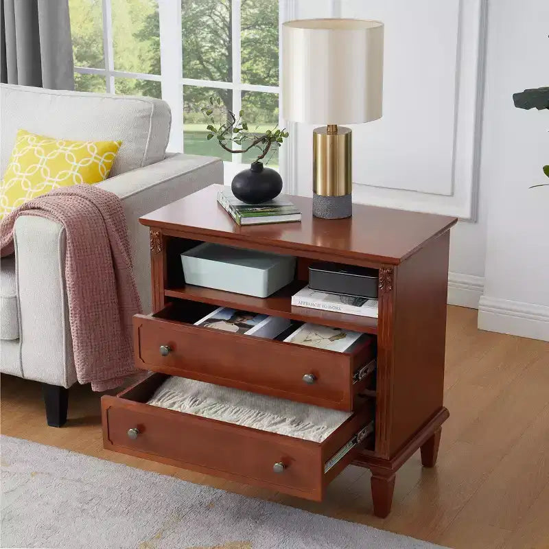 Table d'appoint avec 2 tiroirs et étagères ouvertes, Table d'appoint vintage Tables de chevet avec ports USB et prises, Support en bois, Table de chevet