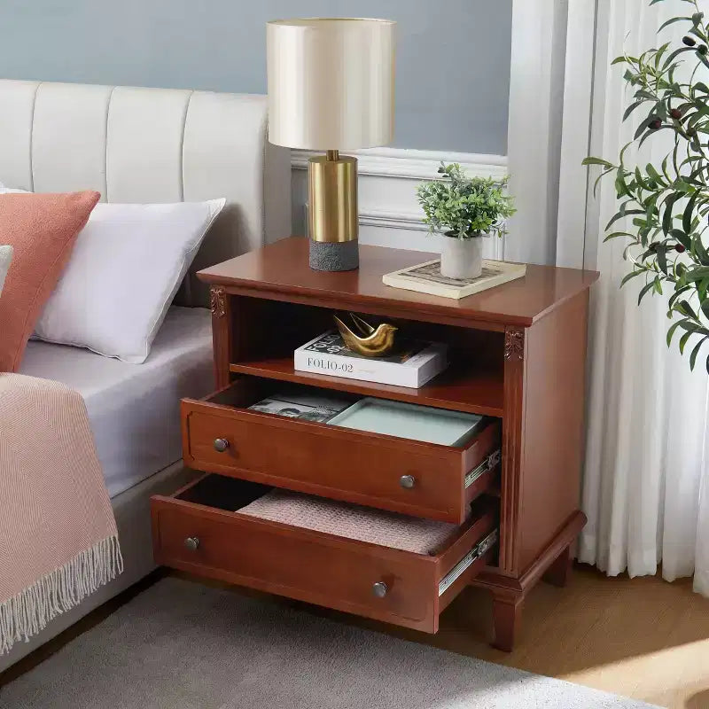 Table d'appoint avec 2 tiroirs et étagères ouvertes, Table d'appoint vintage Tables de chevet avec ports USB et prises, Support en bois, Table de chevet