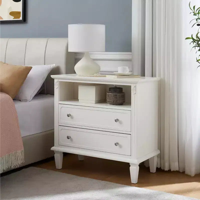 Table d'appoint avec 2 tiroirs et étagères ouvertes, Table d'appoint vintage Tables de chevet avec ports USB et prises, Support en bois, Table de chevet