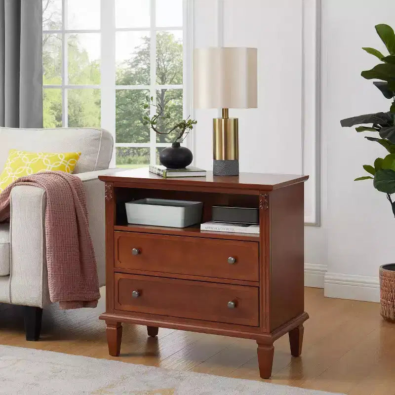 Table d'appoint avec 2 tiroirs et étagères ouvertes, Table d'appoint vintage Tables de chevet avec ports USB et prises, Support en bois, Table de chevet