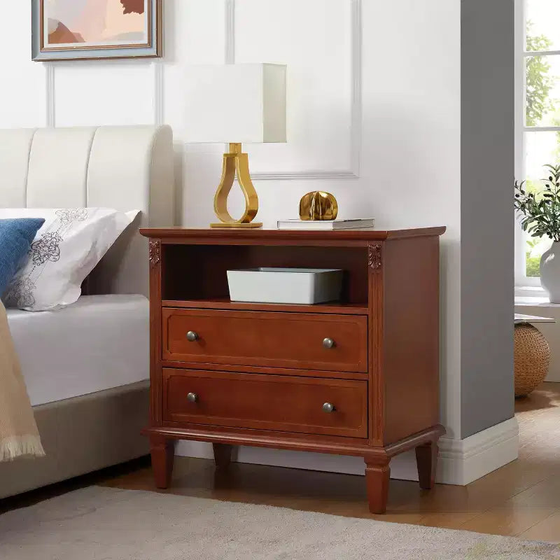 Table d'appoint avec 2 tiroirs et étagères ouvertes, Table d'appoint vintage Tables de chevet avec ports USB et prises, Support en bois, Table de chevet