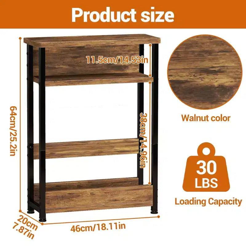 Table d'appoint industrielle étroite à 3 niveaux – Table de bout peu encombrante avec étagères de rangement et porte-revues pour salon ou chambre à coucher