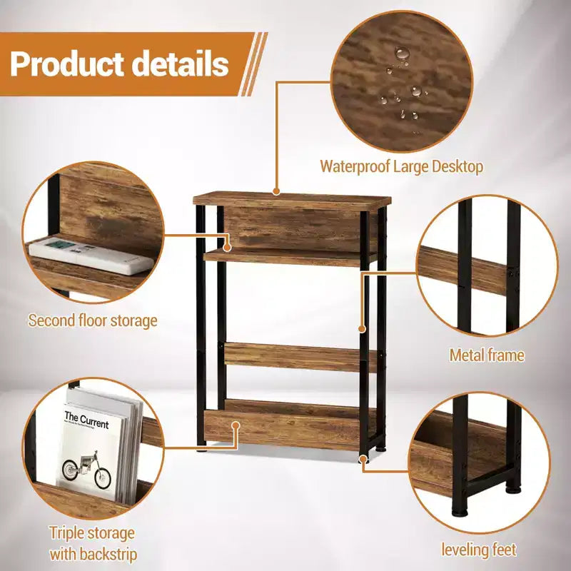 Table d'appoint industrielle étroite à 3 niveaux – Table de bout peu encombrante avec étagères de rangement et porte-revues pour salon ou chambre à coucher