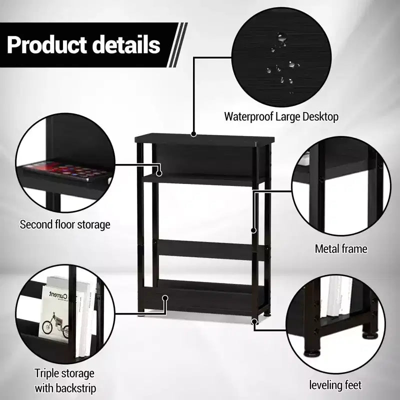 Table d'appoint industrielle étroite à 3 niveaux – Table de bout peu encombrante avec étagères de rangement et porte-revues pour salon ou chambre à coucher