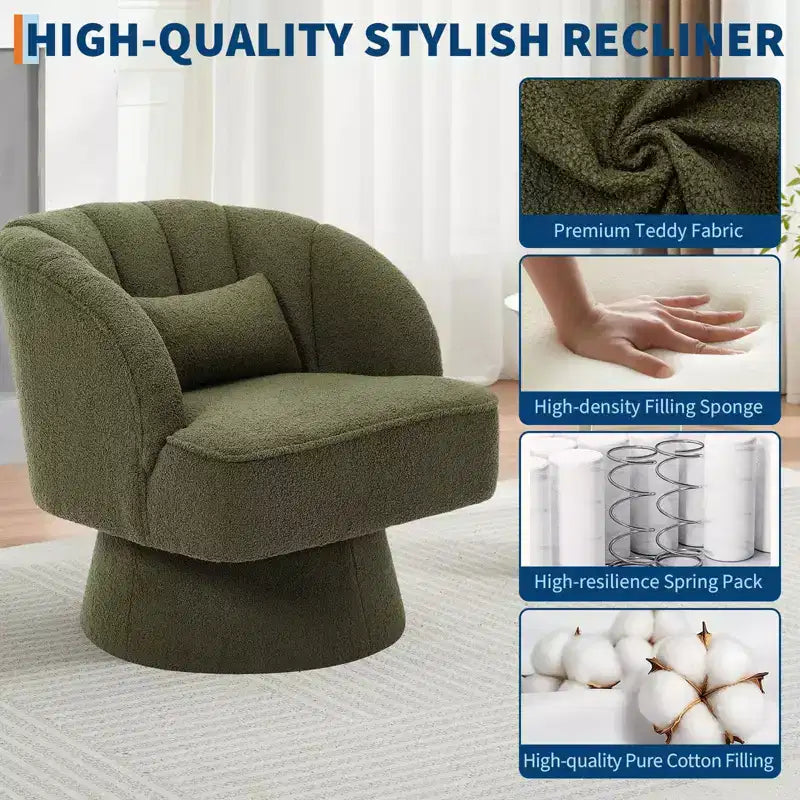 Fauteuil pivotant moderne à 360°, en tissu polaire, avec oreiller moelleux, fauteuil de lecture rond pour salon, chambre à coucher