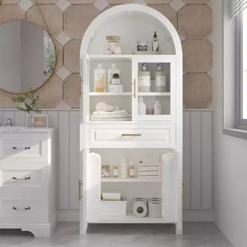 Meuble de rangement autoportant avec porte en verre arquée de 180 cm de haut pour cuisine, salle à manger ou salon - Panipeachy