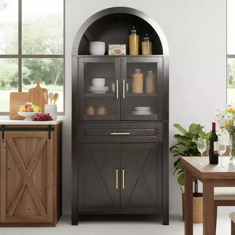 Meuble de rangement autoportant avec porte en verre arquée de 180 cm de haut pour cuisine, salle à manger ou salon - Panipeachy
