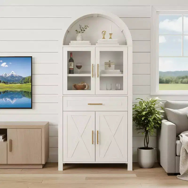 Meuble de rangement autoportant avec porte en verre arquée de 180 cm de haut pour cuisine, salle à manger ou salon - Panipeachy