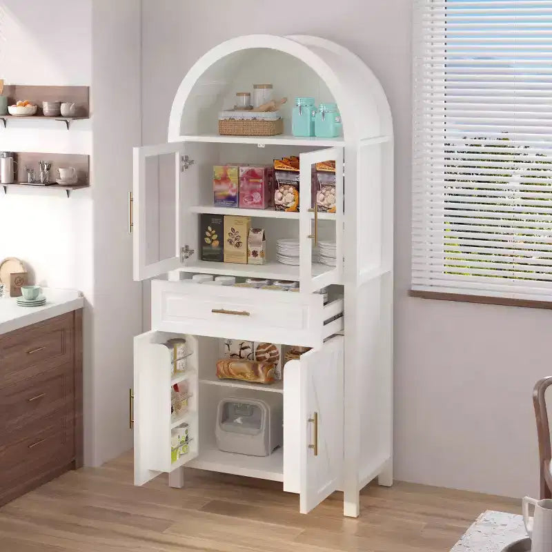 Meuble de rangement autoportant avec porte en verre arquée de 180 cm de haut pour cuisine, salle à manger ou salon - Panipeachy