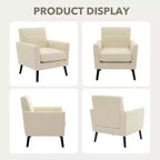 Fauteuil d'appoint moderne en tissu de lin, fauteuil individuel rembourré avec pieds en bois et coussin épais, fauteuil de lecture blanc confortable