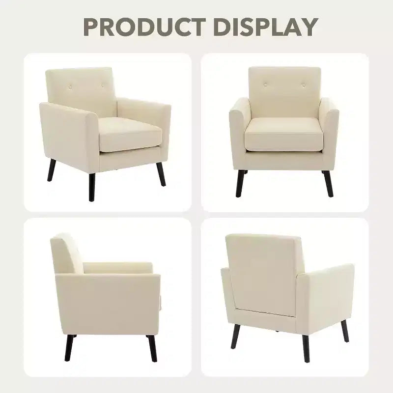 Fauteuil d'appoint moderne en tissu de lin, fauteuil individuel rembourré avec pieds en bois et coussin épais, fauteuil de lecture blanc confortable