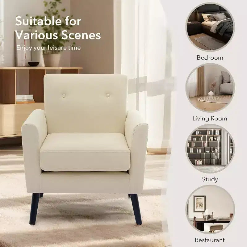 Fauteuil d'appoint moderne en tissu de lin, fauteuil individuel rembourré avec pieds en bois et coussin épais, fauteuil de lecture blanc confortable