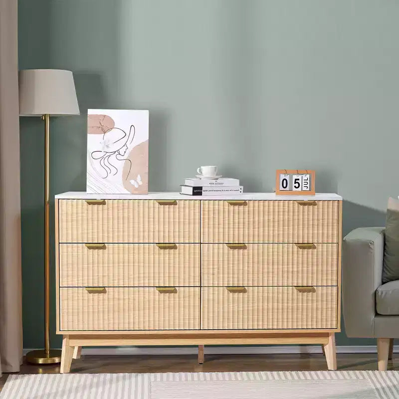Commode à 6 tiroirs cannelés VEVOR, commode en bois avec dispositif coulissant et anti-basculement, commode moderne minimaliste, rangement de placard cannelé, marron