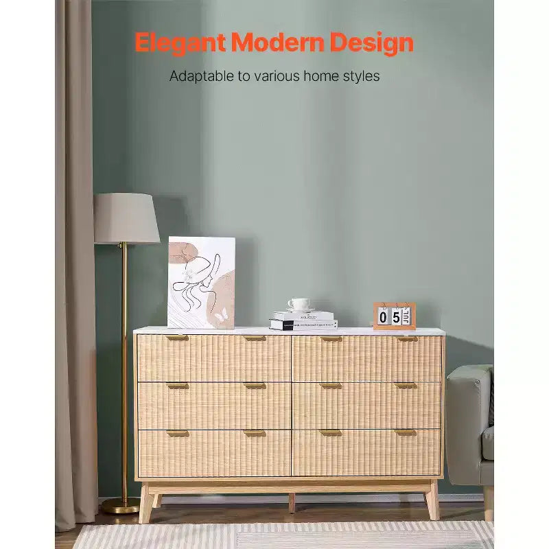 Commode à 6 tiroirs cannelés VEVOR, commode en bois avec dispositif coulissant et anti-basculement, commode moderne minimaliste, rangement de placard cannelé, marron