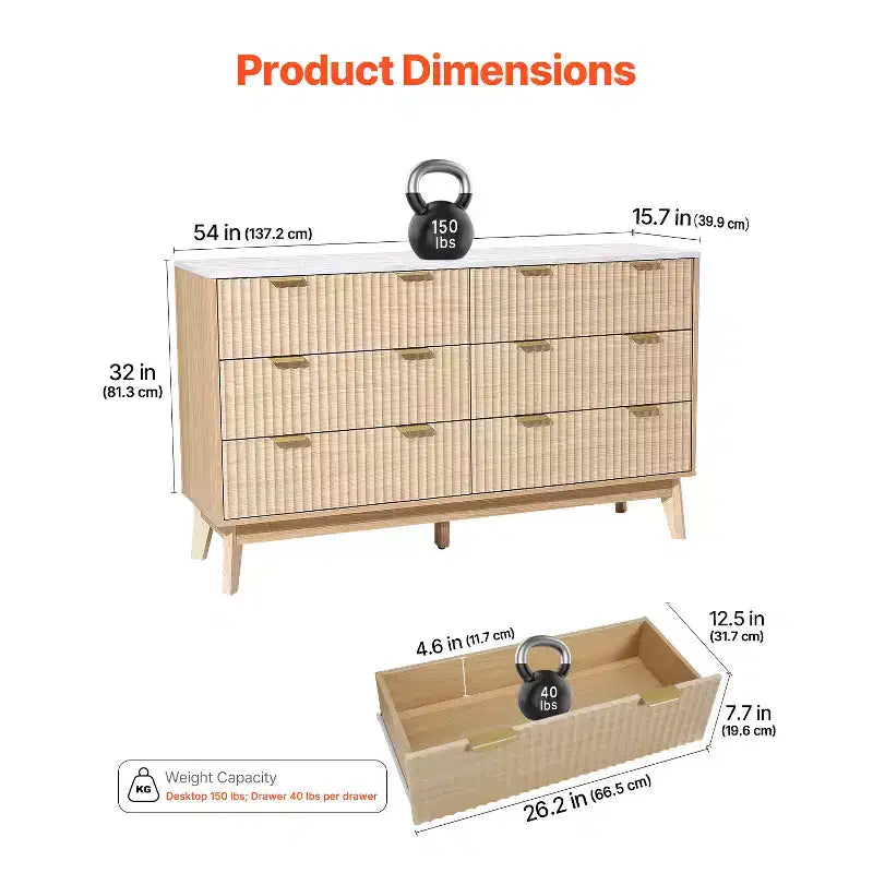 Commode à 6 tiroirs cannelés VEVOR, commode en bois avec dispositif coulissant et anti-basculement, commode moderne minimaliste, rangement de placard cannelé, marron