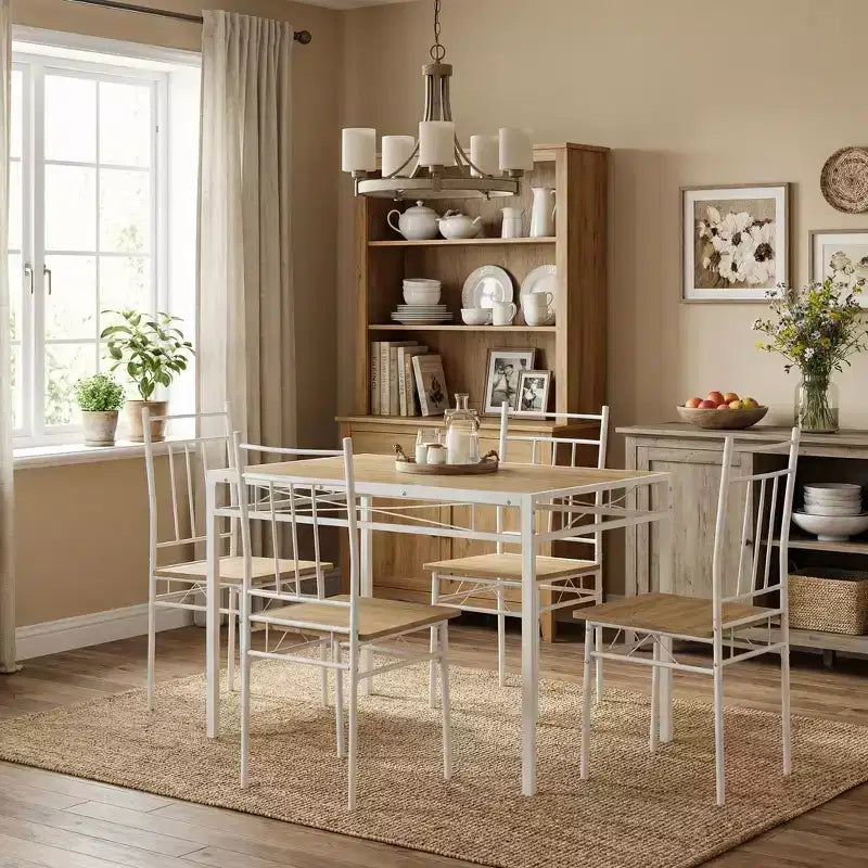 Ensemble de table à manger 5 pièces FurnitureR avec 4 chaises, ensemble de salle à manger de cuisine peu encombrant, plateau en bois et cadre en métal, facile à nettoyer pour la maison, le restaurant, la salle de classe