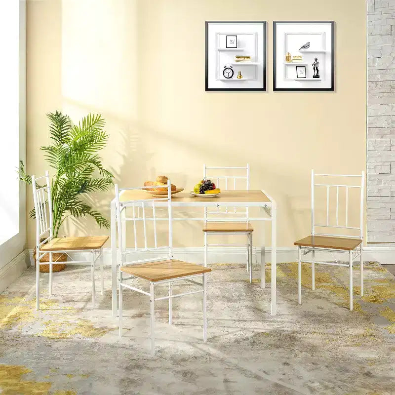 Ensemble de table à manger 5 pièces FurnitureR avec 4 chaises, ensemble de salle à manger de cuisine peu encombrant, plateau en bois et cadre en métal, facile à nettoyer pour la maison, le restaurant, la salle de classe