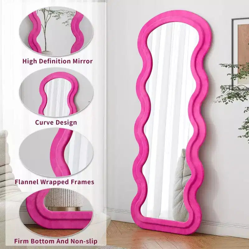 TUYOHW Grand miroir sur pied, miroir de courtoisie en flanelle avec cadre en bois pour dressing, vestiaire
