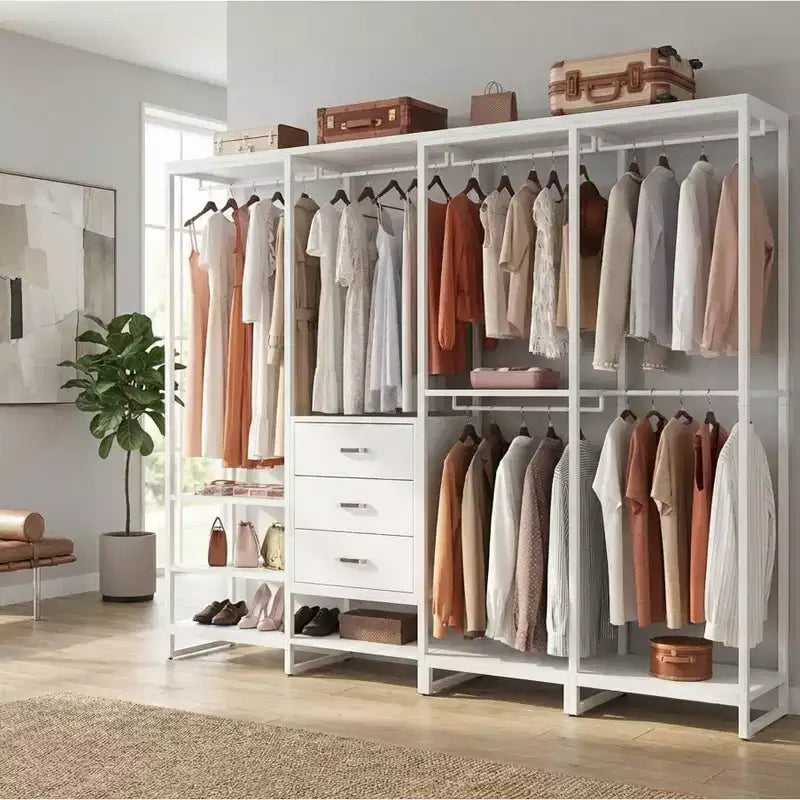 Besiost Système d'organisation de placard de 74 po avec tiroirs en bois, portant à vêtements d'angle autoportant avec tringles de suspension