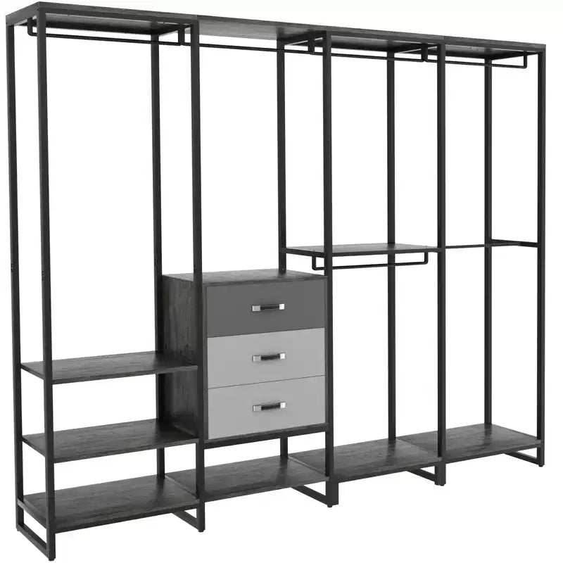 Besiost Système d'organisation de placard de 74 po avec tiroirs en bois, portant à vêtements d'angle autoportant avec tringles de suspension