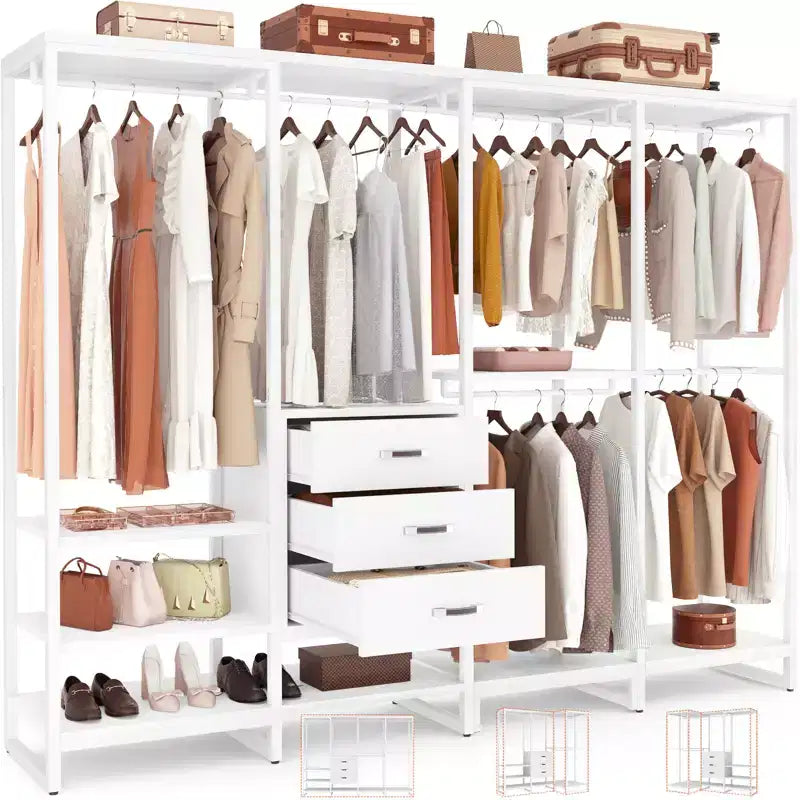 Besiost Système d'organisation de placard de 74 po avec tiroirs en bois, portant à vêtements d'angle autoportant avec tringles de suspension
