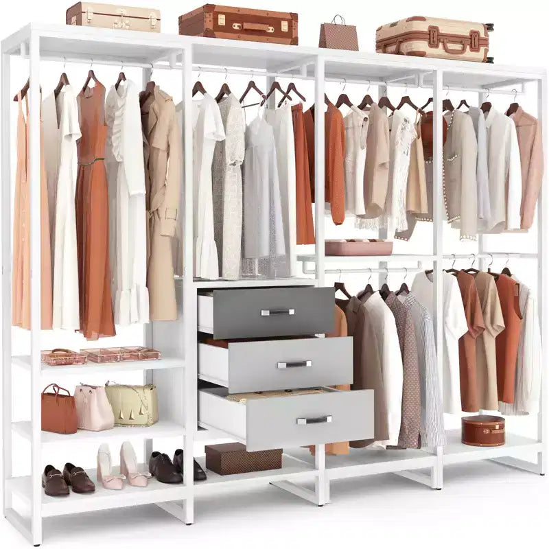 Besiost Système d'organisation de placard de 74 po avec tiroirs en bois, portant à vêtements d'angle autoportant avec tringles de suspension