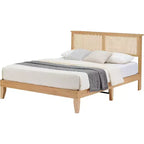 Cadre de lit double Acekool en rotin, plateforme de lit bohème avec tête de lit en rotin naturel et rangement sous le lit, aucun sommier tapissier requis