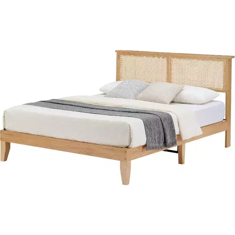 Cadre de lit double Acekool en rotin, plateforme de lit bohème avec tête de lit en rotin naturel et rangement sous le lit, aucun sommier tapissier requis