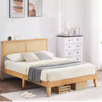 Cadre de lit double Acekool en rotin, plateforme de lit bohème avec tête de lit en rotin naturel et rangement sous le lit, aucun sommier tapissier requis