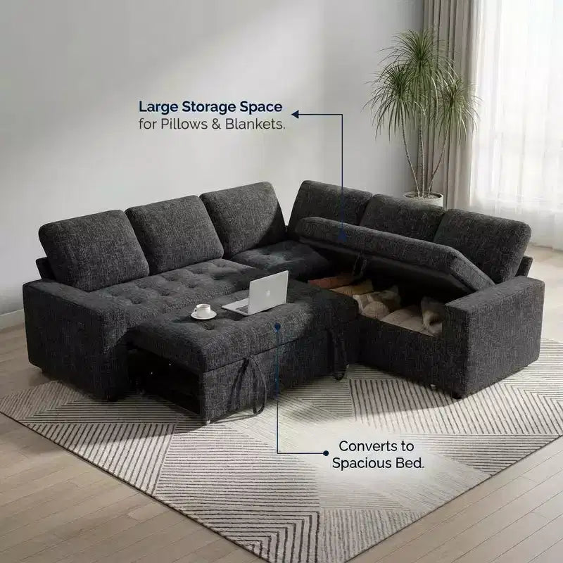 Canapé d'angle modulable 5 places Dyonery pour petits espaces, avec lit gigogne, rangement, ports USB et fonction d'inclinaison.