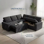 Canapé d'angle modulable 5 places Dyonery pour petits espaces, avec lit gigogne, rangement, ports USB et fonction d'inclinaison.