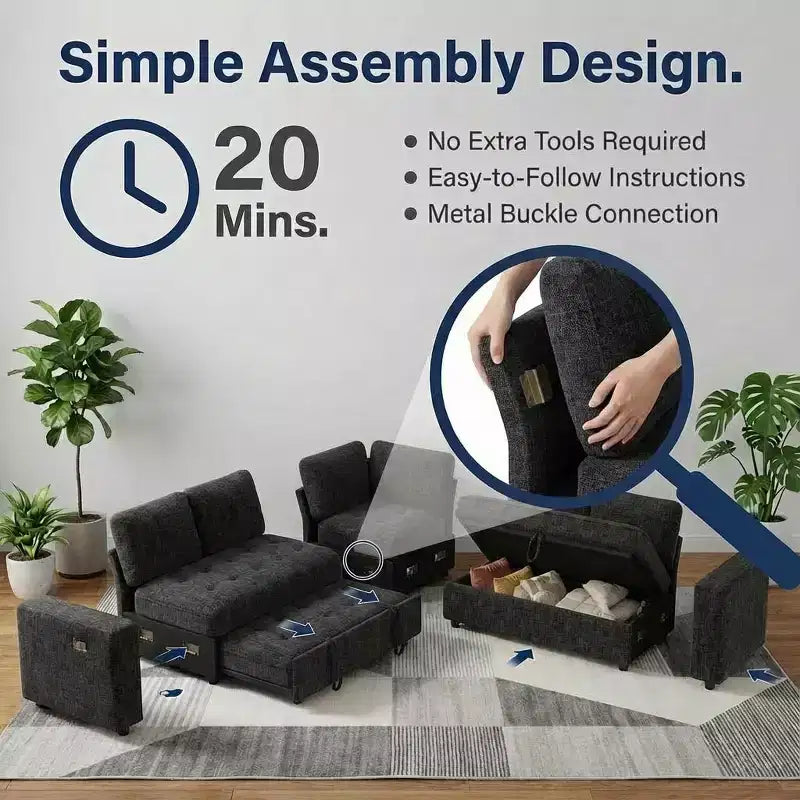 Canapé d'angle modulable 5 places Dyonery pour petits espaces, avec lit gigogne, rangement, ports USB et fonction d'inclinaison.