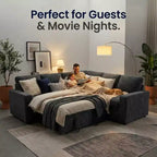 Canapé d'angle modulable 5 places Dyonery pour petits espaces, avec lit gigogne, rangement, ports USB et fonction d'inclinaison.