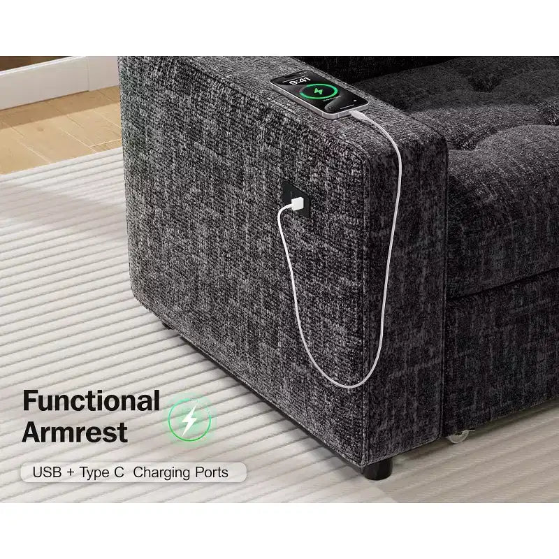 Canapé d'angle modulable 5 places Dyonery pour petits espaces, avec lit gigogne, rangement, ports USB et fonction d'inclinaison.