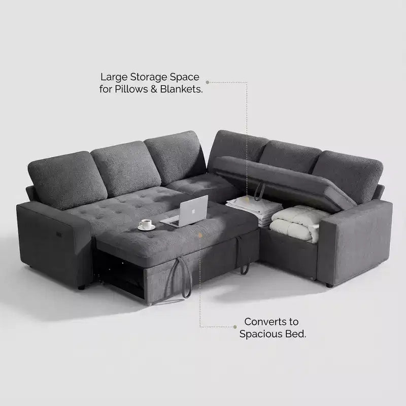 Canapé d'angle modulable 5 places Dyonery pour petits espaces, avec lit gigogne, rangement, ports USB et fonction d'inclinaison.