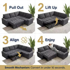 Canapé d'angle modulable 5 places Dyonery pour petits espaces, avec lit gigogne, rangement, ports USB et fonction d'inclinaison.