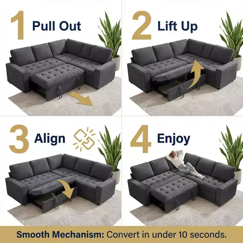 Canapé d'angle modulable 5 places Dyonery pour petits espaces, avec lit gigogne, rangement, ports USB et fonction d'inclinaison.