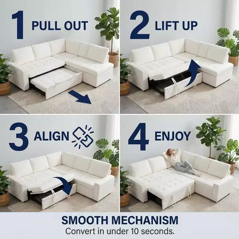 Canapé d'angle modulable 5 places Dyonery pour petits espaces, avec lit gigogne, rangement, ports USB et fonction d'inclinaison.
