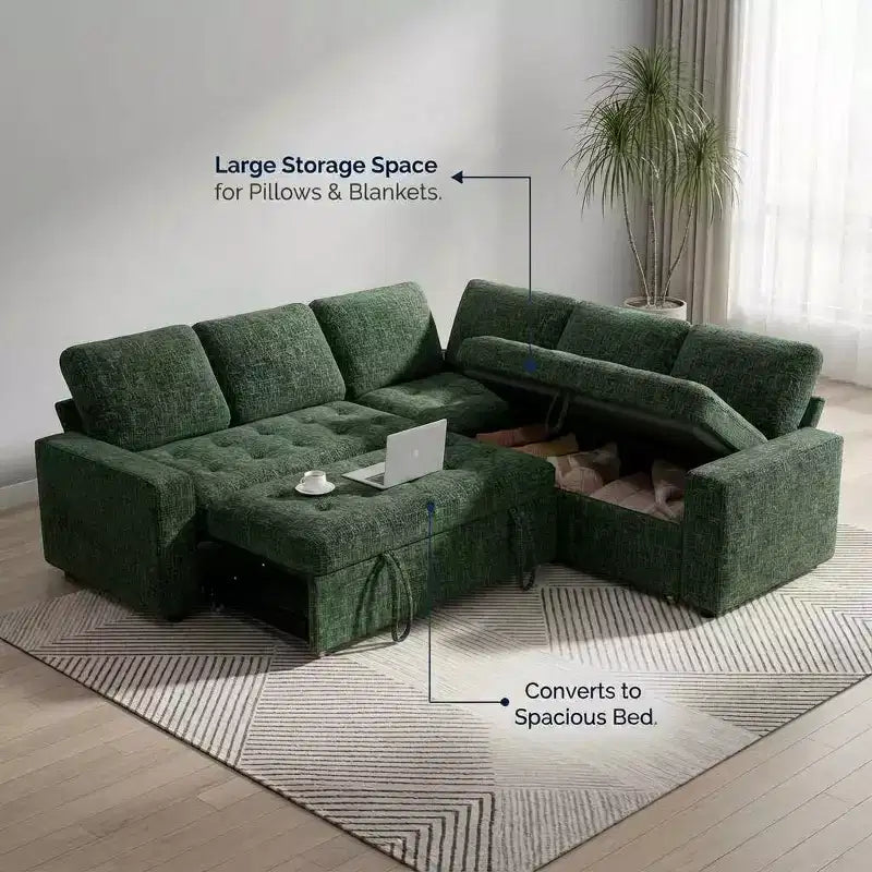 Canapé d'angle modulable 5 places Dyonery pour petits espaces, avec lit gigogne, rangement, ports USB et fonction d'inclinaison.
