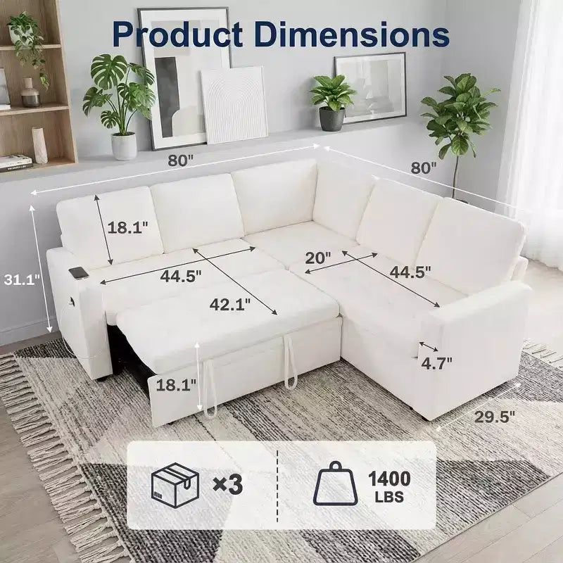 Canapé d'angle modulable 5 places Dyonery pour petits espaces, avec lit gigogne, rangement, ports USB et fonction d'inclinaison.