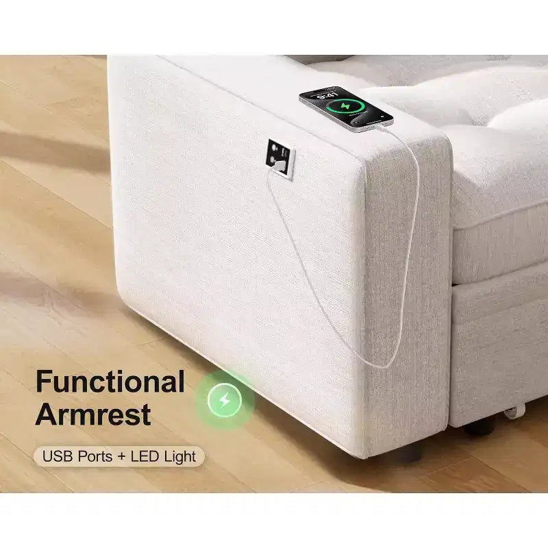 Canapé d'angle modulable 5 places Dyonery pour petits espaces, avec lit gigogne, rangement, ports USB et fonction d'inclinaison.