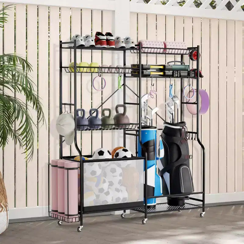 Organisateur d'équipement sportif Gymax avec support pour tapis de yoga, panier de ballons et étagères réglables et roulettes pivotantes verrouillables pour garage, gymnase, sous-sol