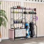 Organisateur d'équipement sportif Gymax avec support pour tapis de yoga, panier de ballons et étagères réglables et roulettes pivotantes verrouillables pour garage, gymnase, sous-sol