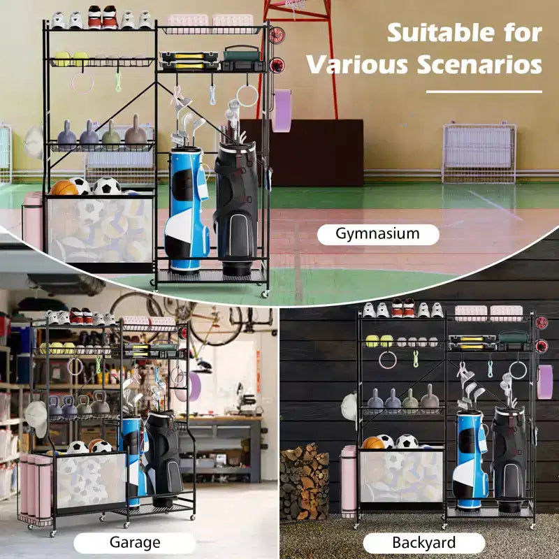 Organisateur d'équipement sportif Gymax avec support pour tapis de yoga, panier de ballons et étagères réglables et roulettes pivotantes verrouillables pour garage, gymnase, sous-sol