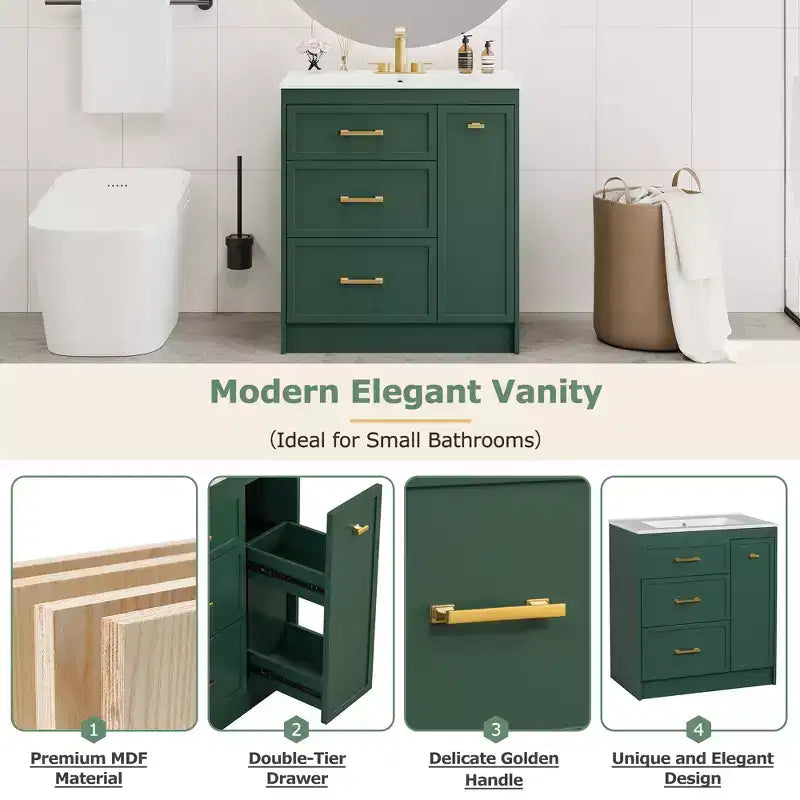Meuble-lavabo de salle de bain avec évier simple, meuble de rangement de salle de bain moderne autoportant avec 3 tiroirs, meuble-lavabo simple pour petite salle de bain Vert