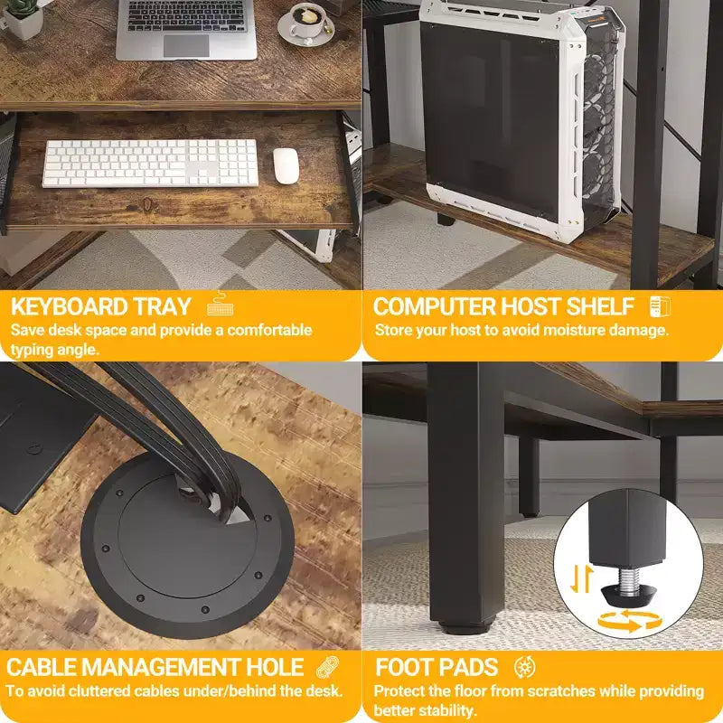 Bureau d'angle informatique Besiost avec huche, bureau de jeu avec tiroir clavier pour bureau à domicile