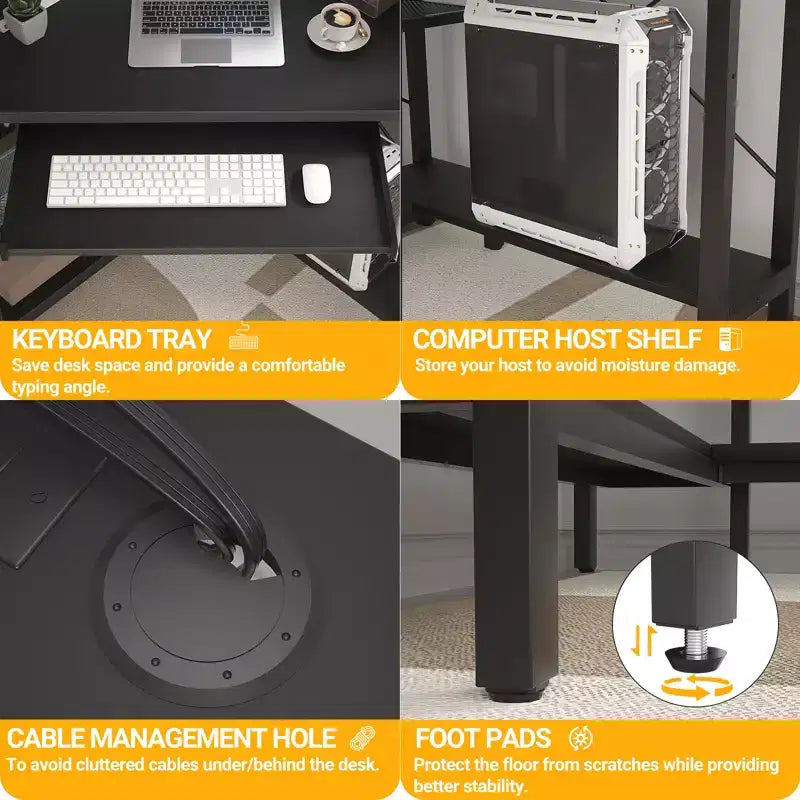 Bureau d'angle informatique Besiost avec huche, bureau de jeu avec tiroir clavier pour bureau à domicile