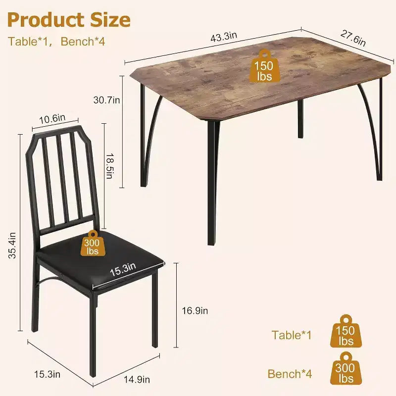 Table à manger pour 4 personnes, table de cuisine rectangulaire et chaises rembourrées pour 4 personnes, ensemble de table de salle à manger 5 pièces