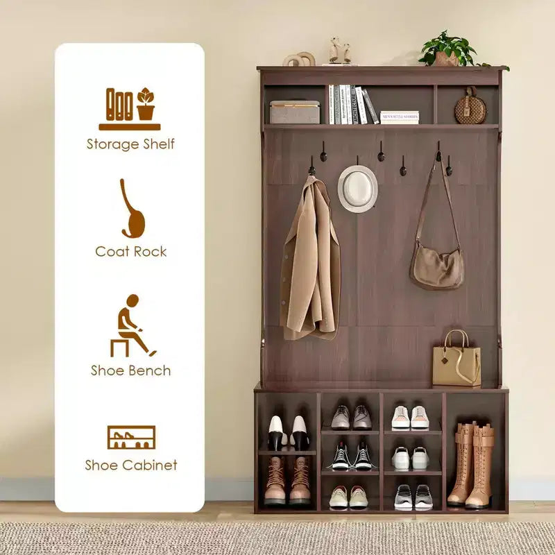 Meuble de rangement haut Okak 70,9 pouces avec banc et étagères, meuble d'entrée autoportant avec 7 patères, rangement à chaussures d'entrée