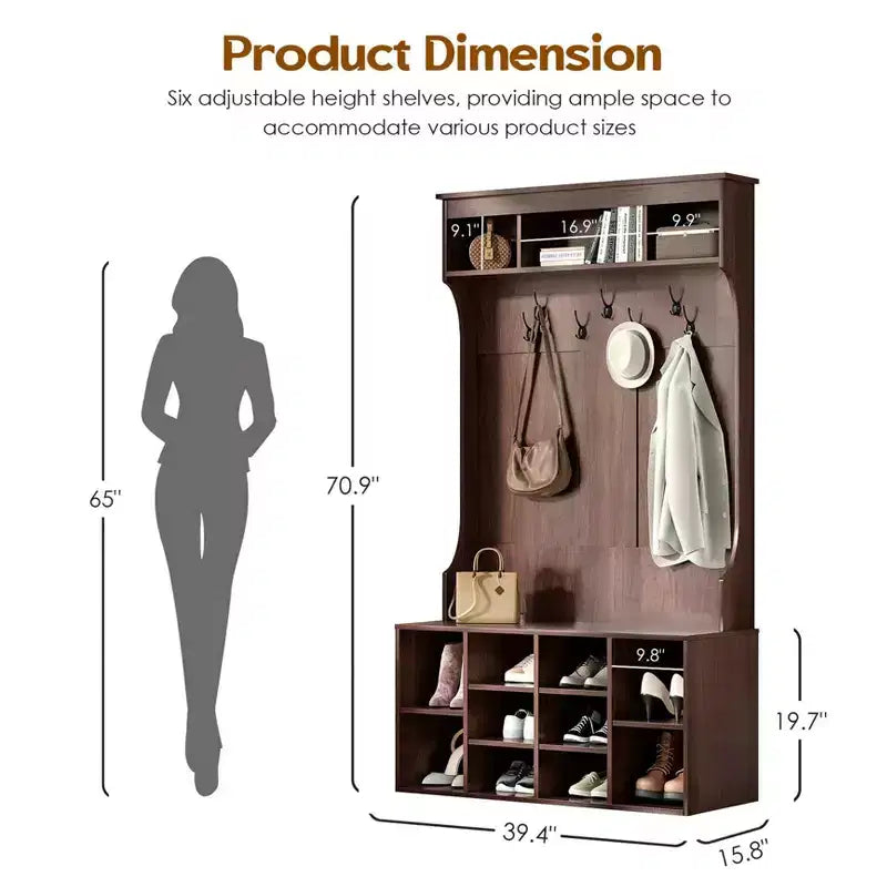 Meuble de rangement haut Okak 70,9 pouces avec banc et étagères, meuble d'entrée autoportant avec 7 patères, rangement à chaussures d'entrée